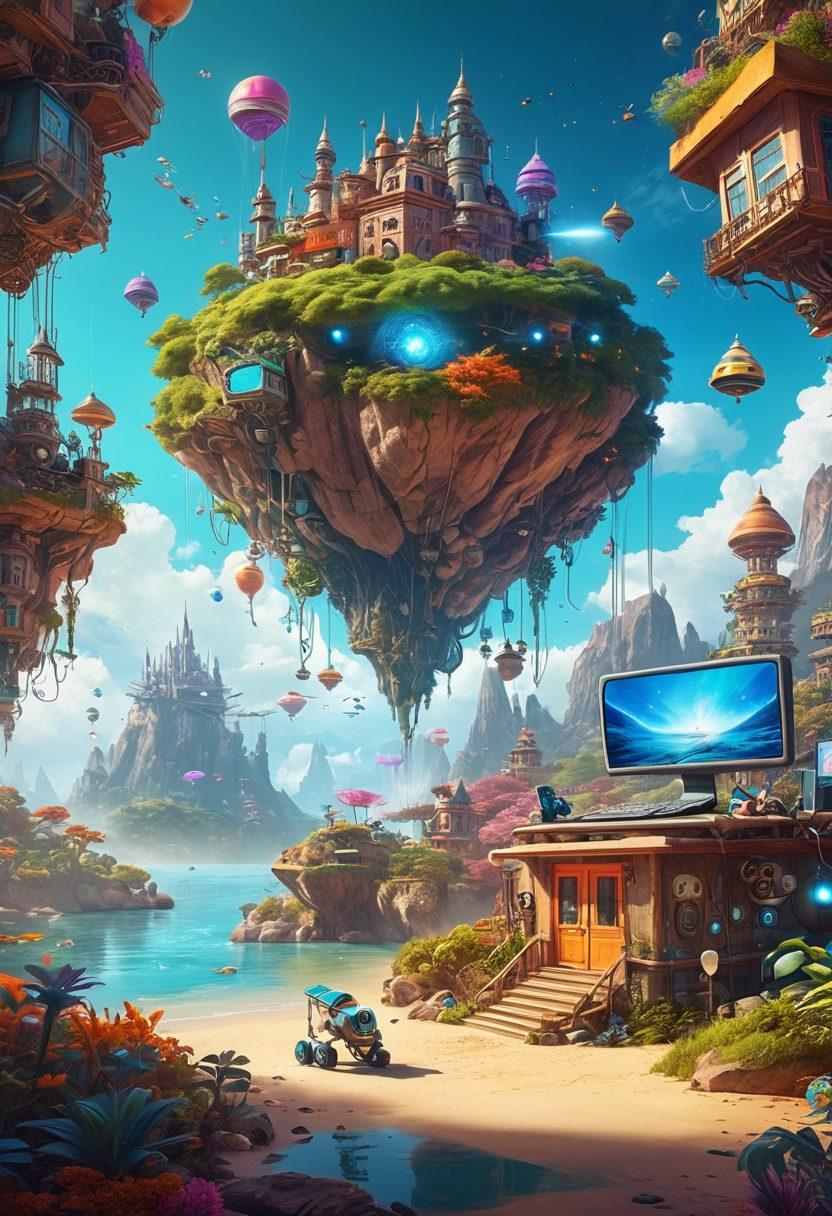 A whimsical space filled with colorful gadgets and fantastical technology, showcasing a joyful geek surrounded by screens displaying vibrant digital creations. Include playful robots and a backdrop of fantasy elements like floating islands and magical creatures, all infused with a sense of wonder. The atmosphere should evoke creativity and excitement. vibrant colors. whimsical art style. surreal background.