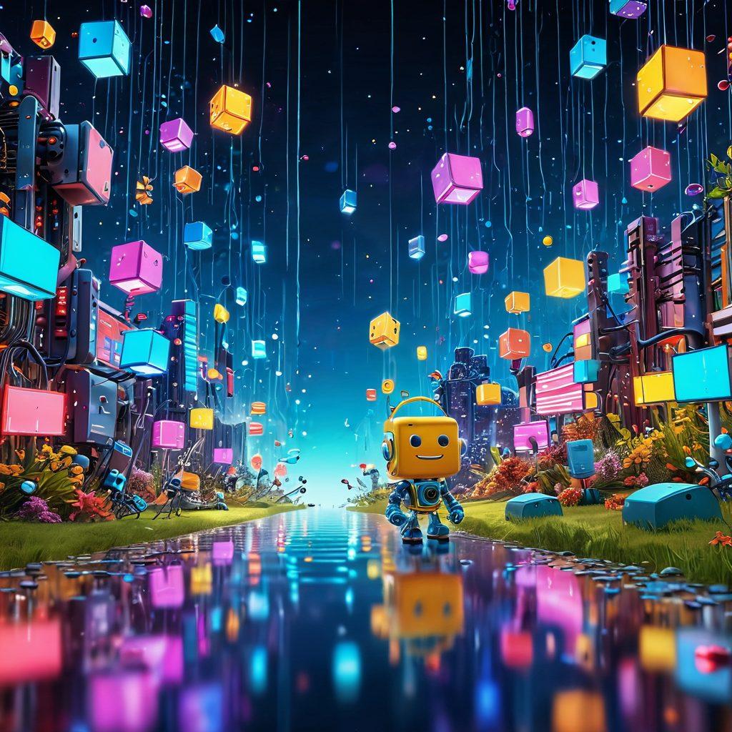 A whimsical, vibrant landscape where cheerful gadgets and futuristic tech intertwine with playful elements like smiling robots, floating screens displaying joyful data, and colorful binary code rain. The scene radiates a sense of wonder and delight, inviting viewers into a fantastical world of innovation and joy. super-realistic. vibrant colors. 3D.